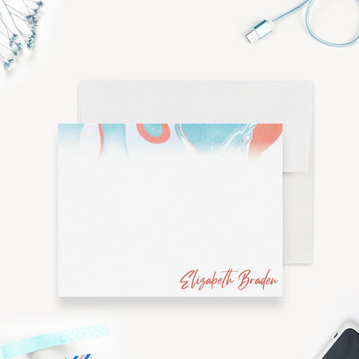 Personalized note card featuring a modern abstract design of colorful overlapping geometric shapes with space for a custom name.