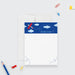 Personalized kids note card with a red airplane, white clouds, a dotted flight path and a name on the blue and white front.