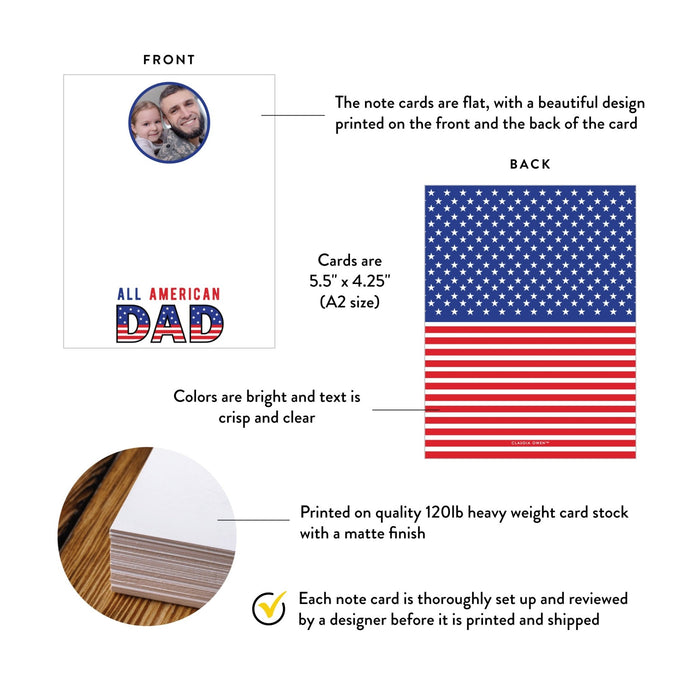 Front and back of personalized all american dad photo note cards showing A2 dimensions and matte cardstock details.