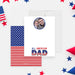 White All American Dad note card with a circular family photo, beside a red white and blue American flag-inspired back.