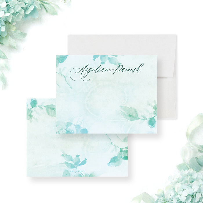 Personalized aqua watercolor greenery note card with custom name, leafy botanical accents and blank writing area-front-back
