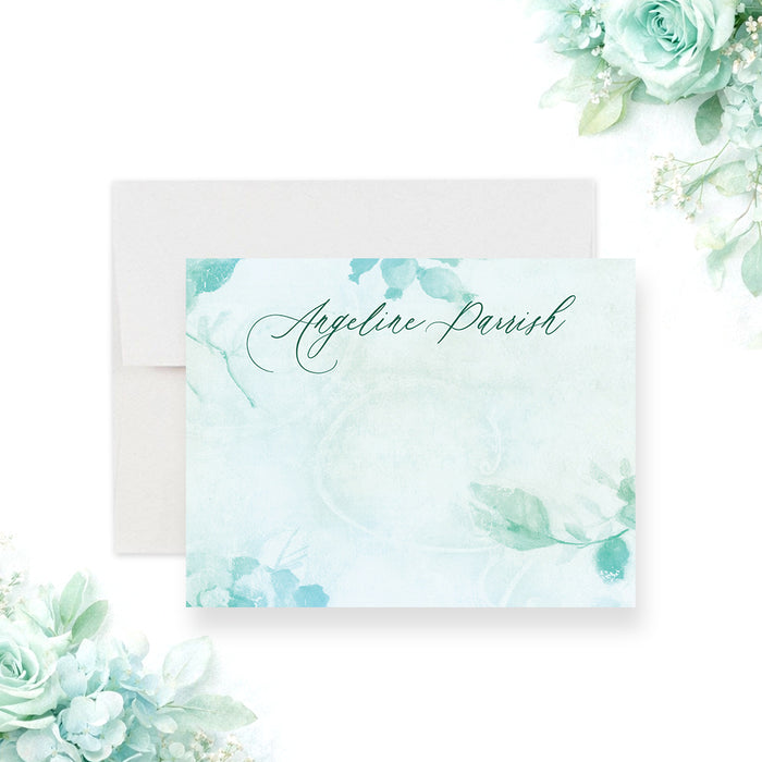 Personalized aqua watercolor greenery note card with custom name, leafy botanical accents and blank writing area-front