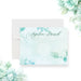 Personalized aqua watercolor greenery note card with custom name, leafy botanical accents and blank writing area-front