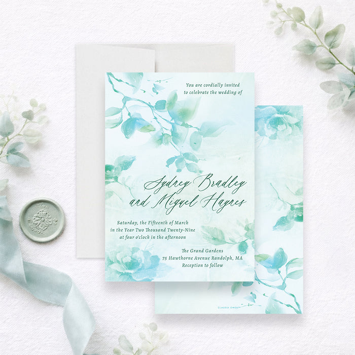 Personalized aqua watercolor greenery wedding invitation with leafy botanical design, custom couple’s names, wedding date and venue-front-back