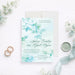 Personalized aqua watercolor greenery wedding invitation with leafy botanical design, custom couple’s names, wedding date and venue-front