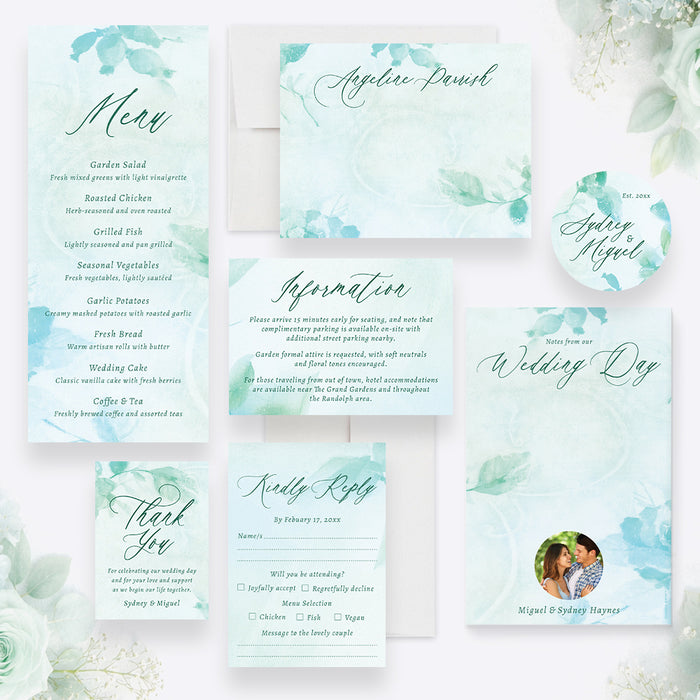 Personalized Aqua Watercolor Greenery Wedding Invitation