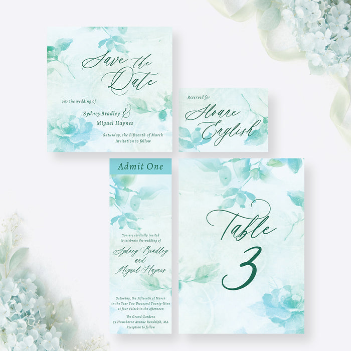 Personalized Aqua Watercolor Greenery Wedding Invitation
