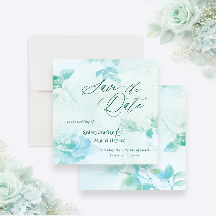 Front and back of personalized aqua watercolor greenery wedding save the date card with custom couple’s names, wedding date and leafy botanical design-front-back