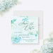 Front and back of personalized aqua watercolor greenery wedding save the date card with custom couple’s names, wedding date and leafy botanical design-front