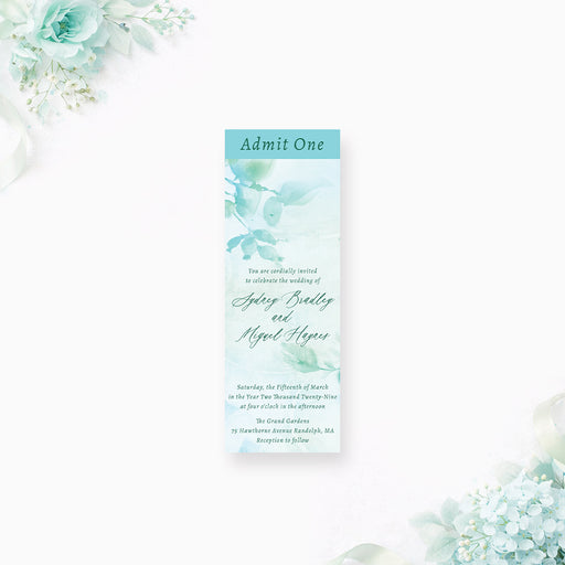 Personalized aqua watercolor greenery wedding ticket invitation with custom couple’s names, wedding date, venue and leafy botanical design