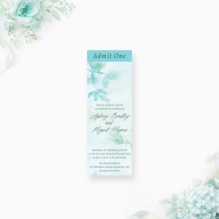 Personalized aqua watercolor greenery wedding ticket invitation with custom couple’s names, wedding date, venue and leafy botanical design