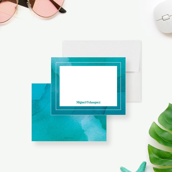 Personalized Aqua Watercolor Note Cards. Front and matching aqua watercolor back displayed with a white envelope.
