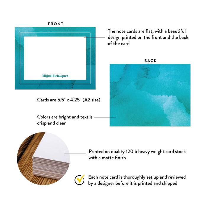 Product details for personalized aqua watercolor note cards: front and back designs, A2 size, matte cardstock, and design proof.