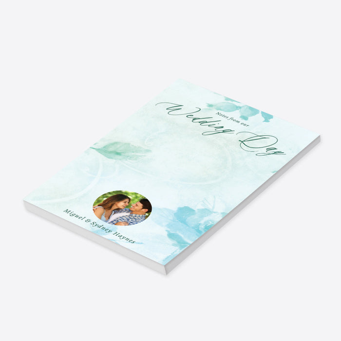 Personalized blank wedding notepad with aqua watercolor greenery, custom couple’s photo, custom names and Wedding Day heading-side
