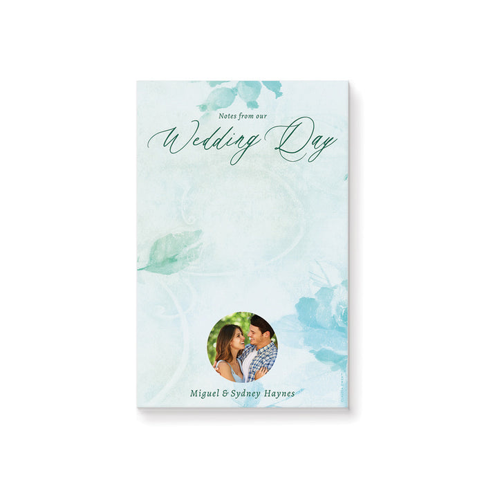 Personalized blank wedding notepad with aqua watercolor greenery, custom couple’s photo, custom names and Wedding Day heading