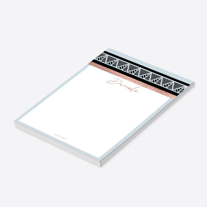 Personalized geometric notepad with custom name, blush accent, soft blue and black pattern-side