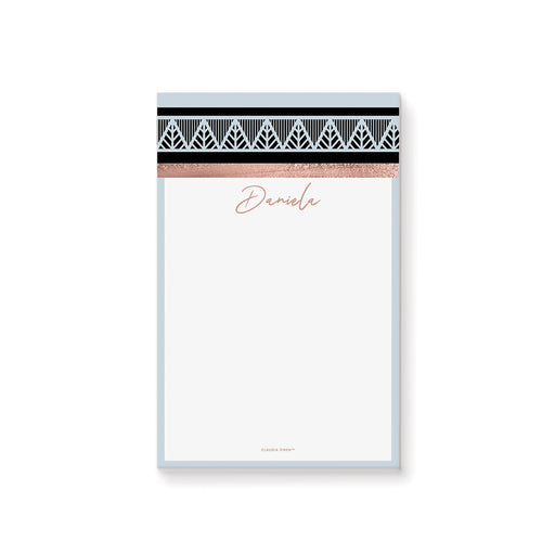 Personalized geometric notepad with custom name, blush accent, soft blue and black pattern