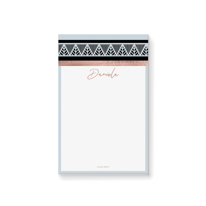 Personalized geometric notepad with custom name, blush accent, soft blue and black pattern