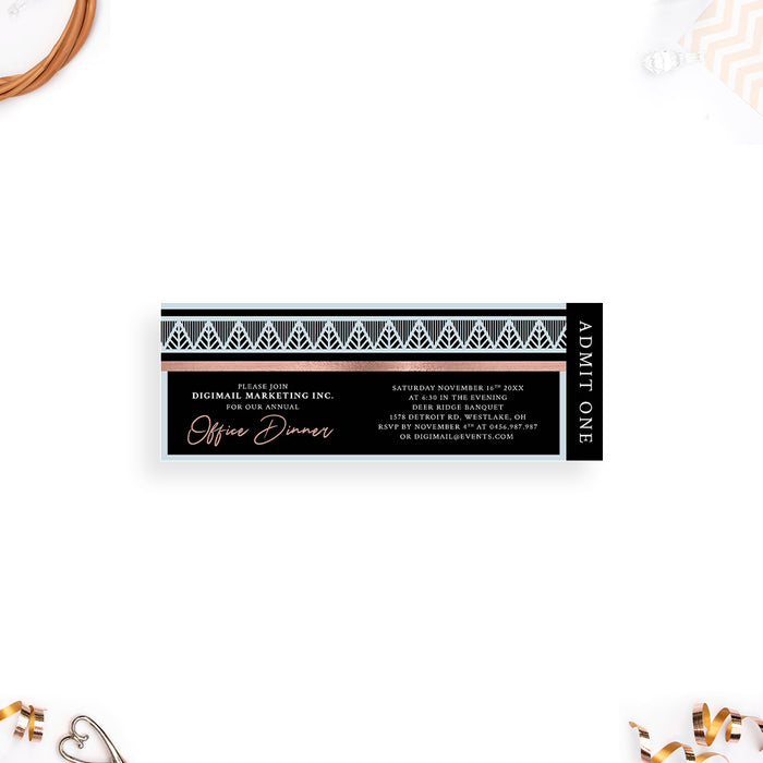 Personalized Art Deco corporate dinner ticket invitation with black background, pale blue geometric border, blush script, and Admit One panel