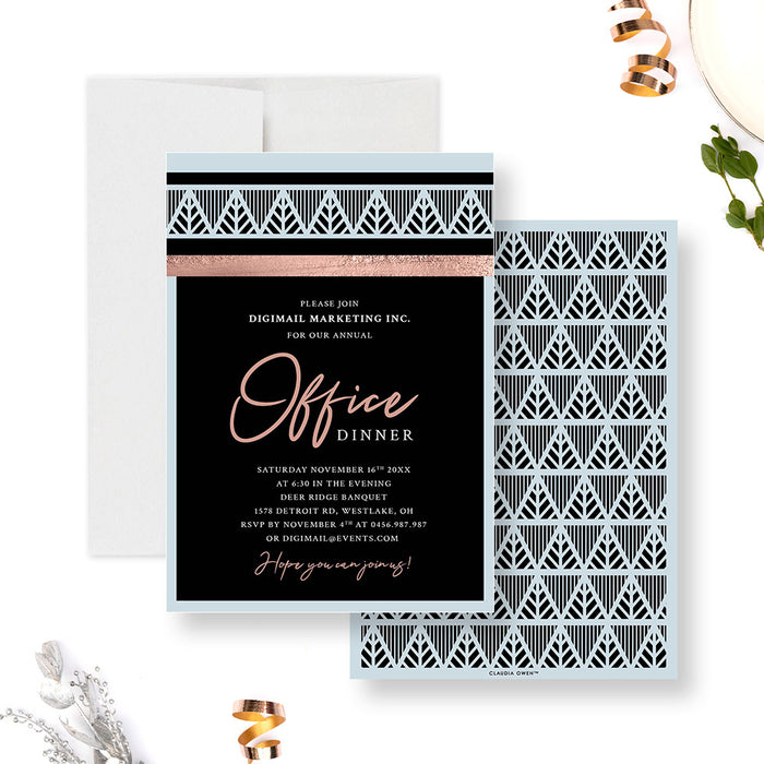 Personalized Art Deco corporate dinner invitation with a black background, pale blue geometric border, blush lettering, and custom company event details-front-back