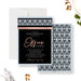 Personalized Art Deco corporate dinner invitation with a black background, pale blue geometric border, blush lettering, and custom company event details-front-back