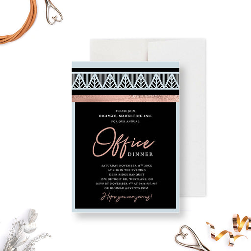 Personalized Art Deco corporate dinner invitation with a black background, pale blue geometric border, blush lettering, and custom company event details-front