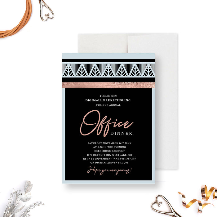 Personalized Art Deco corporate dinner invitation with a black background, pale blue geometric border, blush lettering, and custom company event details-front