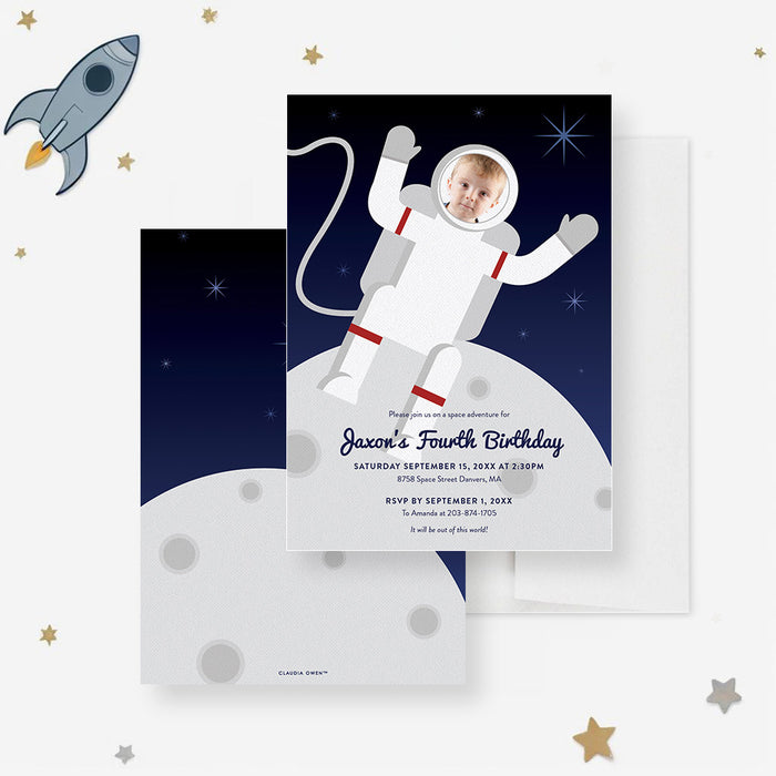 Personalized astronaut birthday invitation with a child’s photo in an illustrated spacesuit, moon landscape, stars and custom party details-front-back