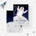 Personalized astronaut birthday invitation with a child’s photo in an illustrated spacesuit, moon landscape, stars and custom party details-front-back