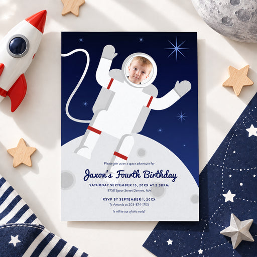 Personalized astronaut birthday invitation with a child’s photo in an illustrated spacesuit, moon landscape, stars and custom party details-front
