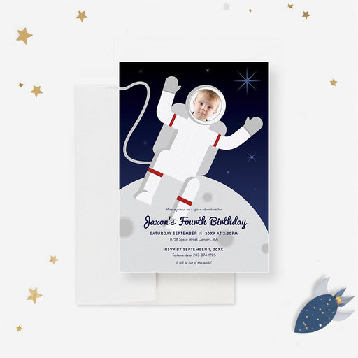 Personalized astronaut birthday invitation with a child’s photo in an illustrated spacesuit, moon landscape, stars and custom party details-front