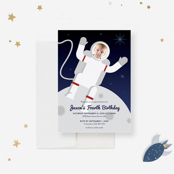 Personalized astronaut birthday invitation with a child’s photo in an illustrated spacesuit, moon landscape, stars and custom party details-front