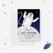 Personalized astronaut birthday invitation with a child’s photo in an illustrated spacesuit, moon landscape, stars and custom party details-front