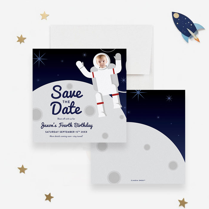 Personalized astronaut photo birthday save the date card for kids with child’s face in an illustrated spacesuit, moon landscape and custom party date-front-back