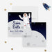 Personalized astronaut photo birthday save the date card for kids with child’s face in an illustrated spacesuit, moon landscape and custom party date-front-back