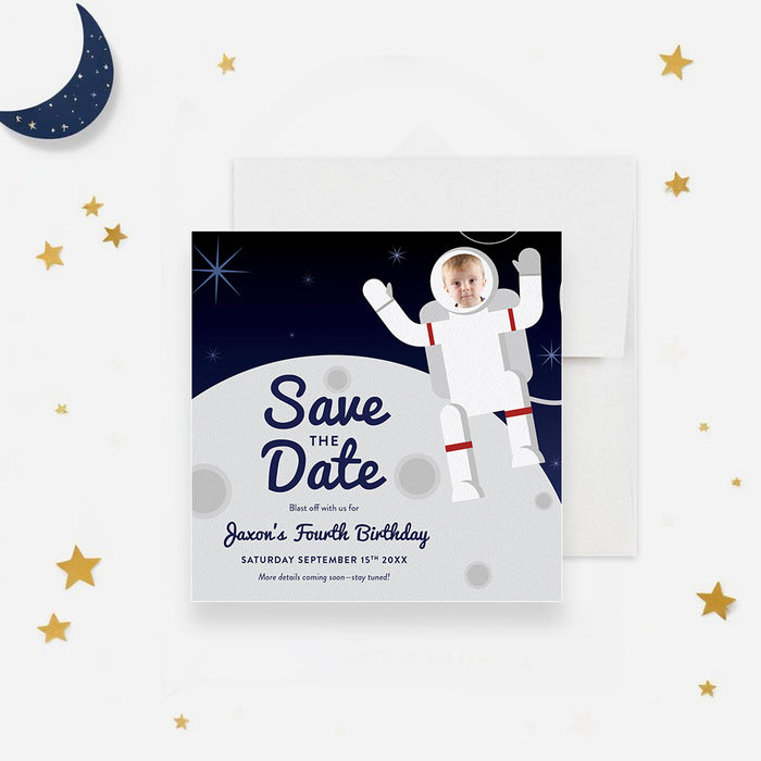 Personalized astronaut photo birthday save the date card for kids with child’s face in an illustrated spacesuit, moon landscape and custom party date-front