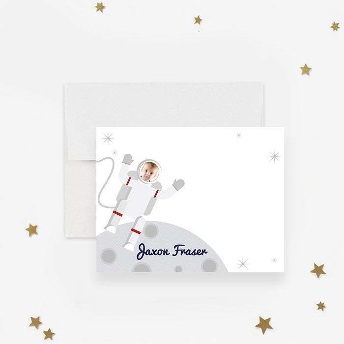 Personalized astronaut photo birthday thank you card for kids with child’s face in an illustrated spacesuit, moon landscape and custom wording-front