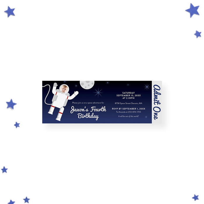 Personalized astronaut photo birthday ticket invitation for kids with child’s face in an illustrated spacesuit, party details and Admit One wording