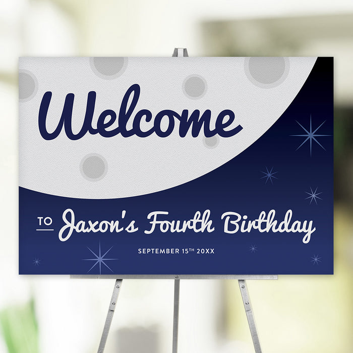 Personalized astronaut space birthday party welcome sign for kids with custom child’s name, age, date, large moon and navy starry background
