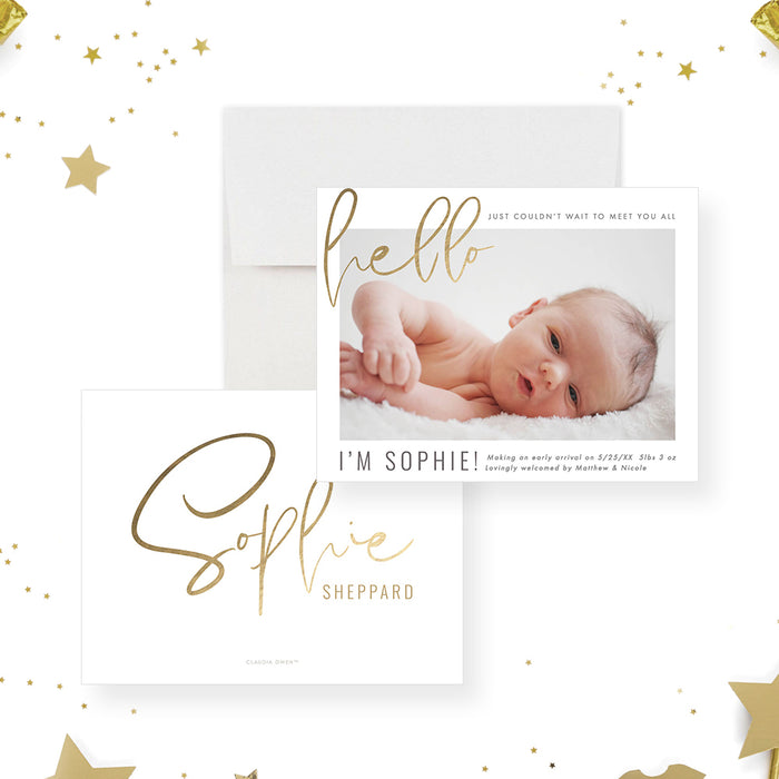 Personalized baby announcement card with newborn photo and gold script-front-back