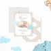 Personalized neutral beige and light blue cloud baby boy birth announcement card with newborn photo, name, birth date, weight, length, arrival time, and parents' names-front-back