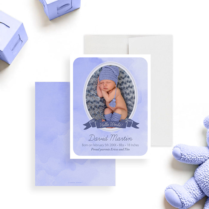 Personalized baby boy photo birth announcement with newborn picture, blue watercolor background, Hello World banner, baby name and birth details-front-back