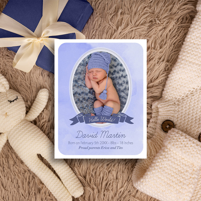 Personalized baby boy photo birth announcement with newborn picture, blue watercolor background, Hello World banner, baby name and birth details-front
