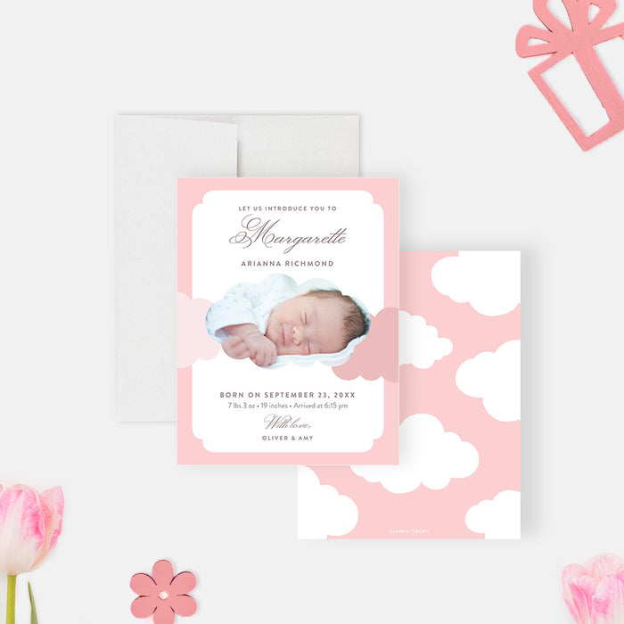 Personalized pink and white cloud baby girl birth announcement card with newborn photo, baby’s name, parents’ names, birth date, weight, length, and arrival time-front-back