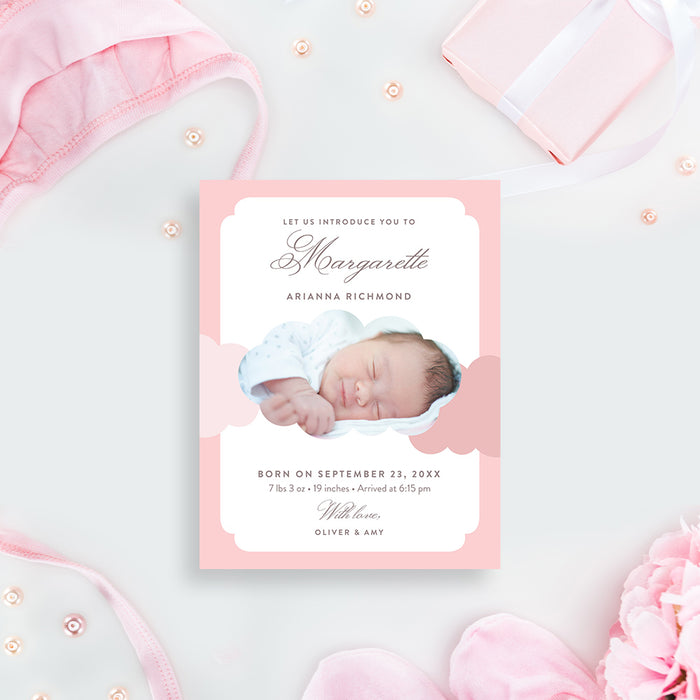 Personalized pink and white cloud baby girl birth announcement card with newborn photo, baby’s name, parents’ names, birth date, weight, length, and arrival time-front