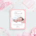 Personalized pink and white cloud baby girl birth announcement card with newborn photo, baby’s name, parents’ names, birth date, weight, length, and arrival time-front