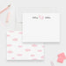 Personalized baby note cards with pink footprints between the first and last name on white and a pink cloud pattern on the back.