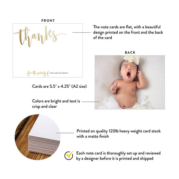 Front and back of personalized baby photo thank you note cards showing A2 dimensions and matte cardstock details.