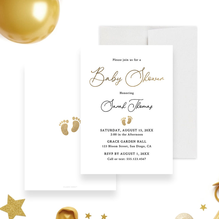 Personalized baby shower invitation with elegant script lettering, small baby footprints and custom event details on a white background-front-back