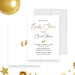 Personalized baby shower invitation with elegant script lettering, small baby footprints and custom event details on a white background-front-back